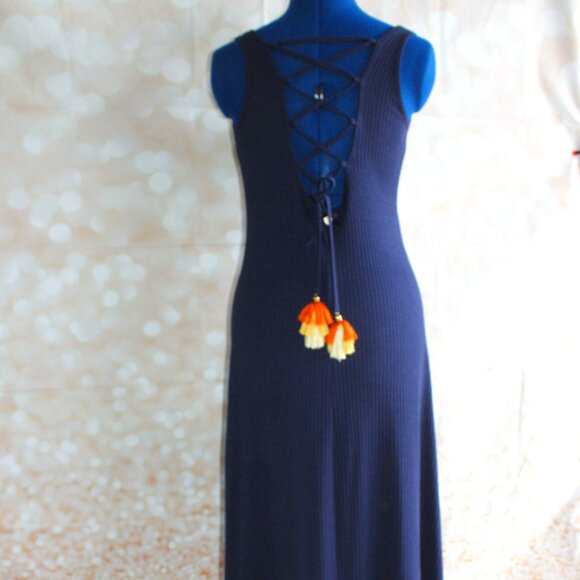 Lynne's Navy Ribbed Maxi W/ Hi-Low Hemline Dress Lace-Up Back Juniors Size L - Picture 4 of 12